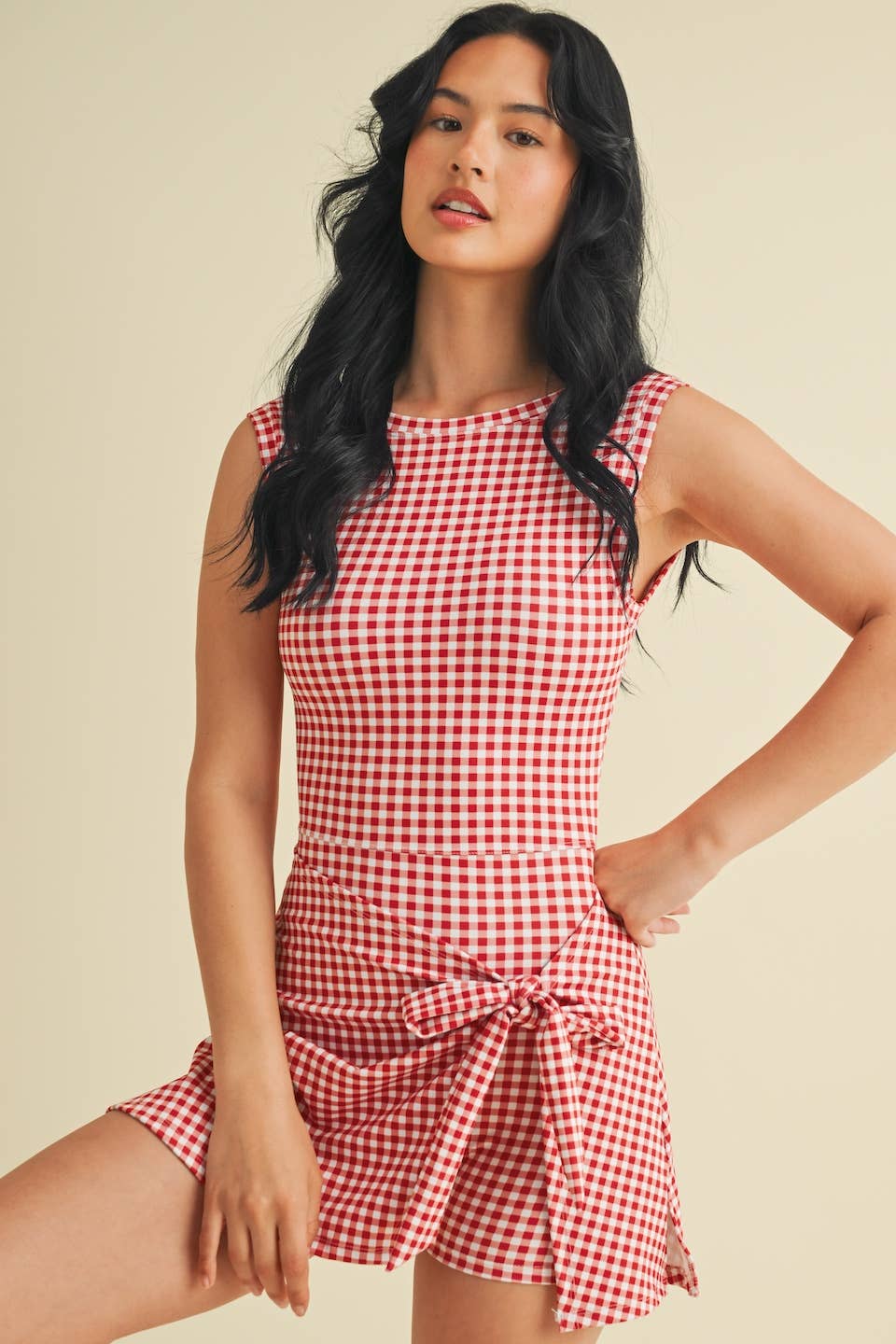 GINGHAM PRINT SLEEVELESS WRAP TIE FRONT DRESS