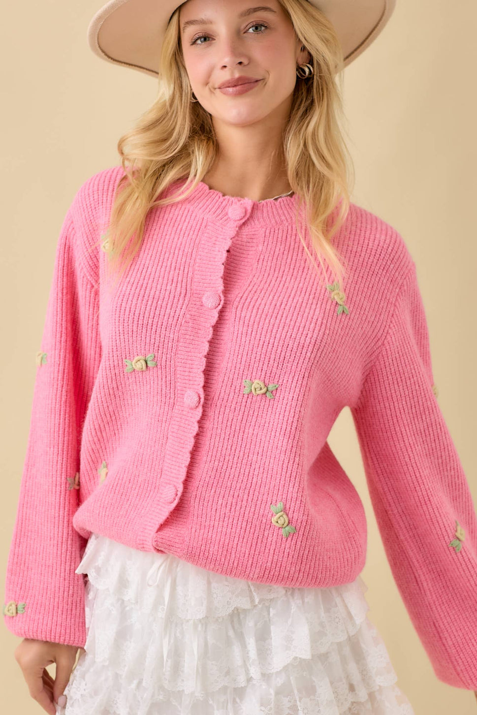 3D Flower Embroidered Knit Cardigan