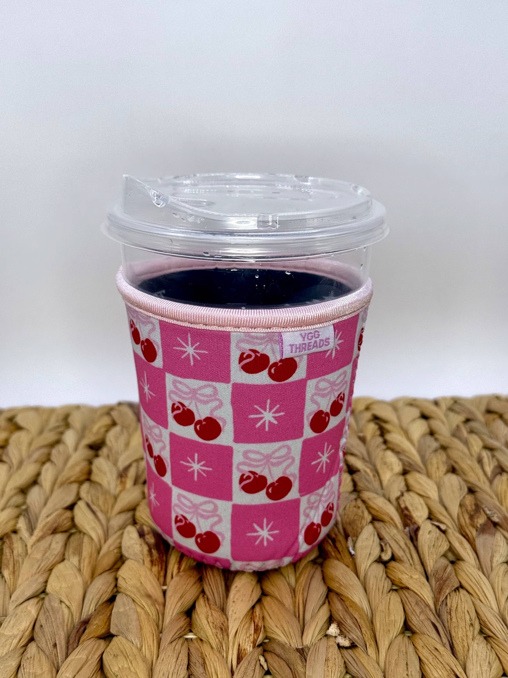 Cherry Bow Coquette Girl Iced Coffee Drink Sleeve - Small: Light Pink