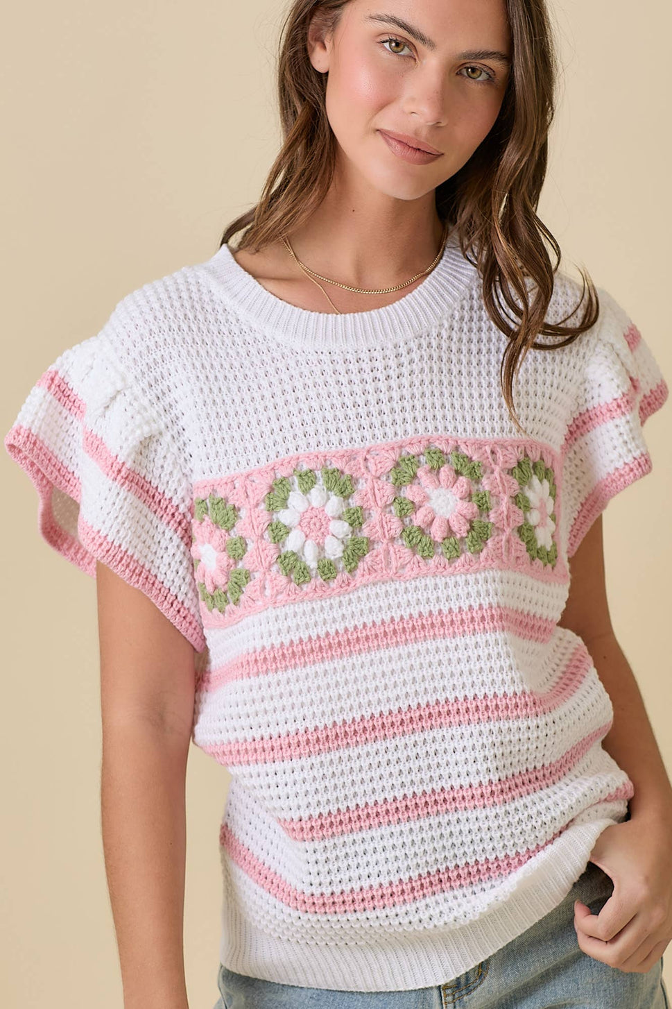 Crochet Flower Stripe Short Sleeve Knit Top Ready to Ship