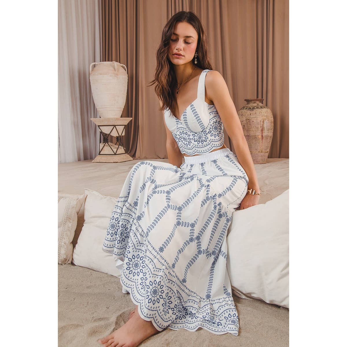 Embroidery Looking Print Woven Top & Skirt Set