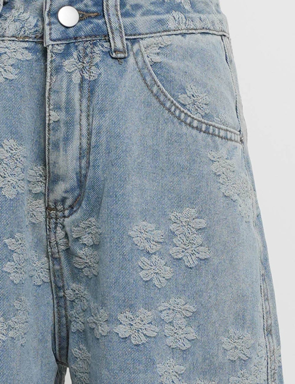 Ladies Floral Jacquard Button Pocket Wide Leg Denim Pants