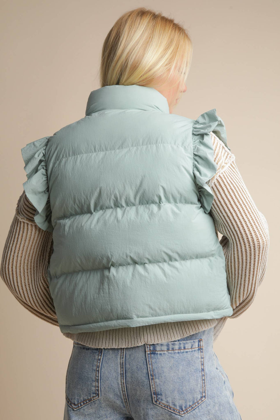 FRONT ROW RUFFLE SLEEVE PUFFER VEST