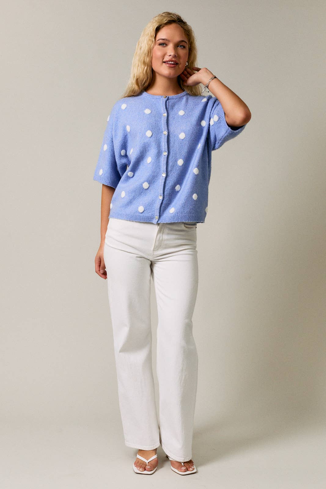 Polka Dot Short Sleeve Crew Neck Knit Cardigan