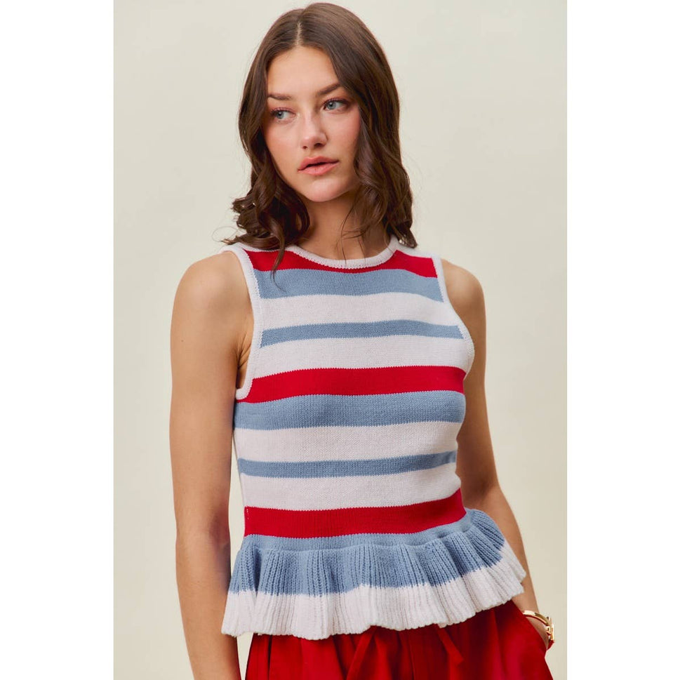 4TH OF JULY STRIPE RUFFLE BOTTOM SWEATER KNIT TOP