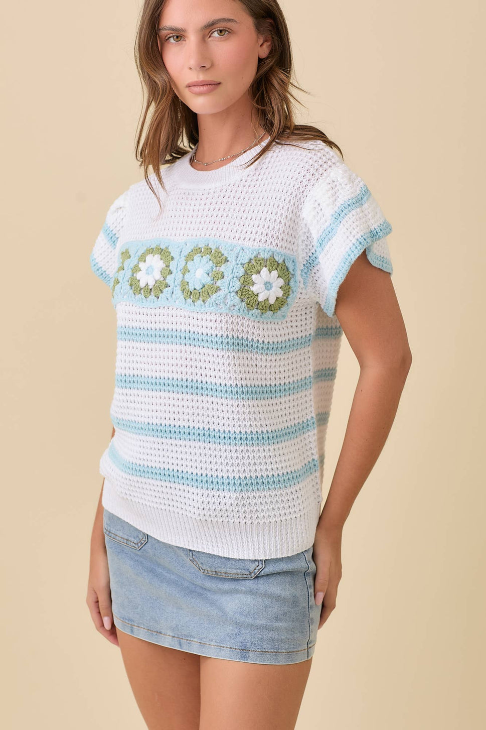 Crochet Flower Stripe Short Sleeve Knit Top Ready to Ship