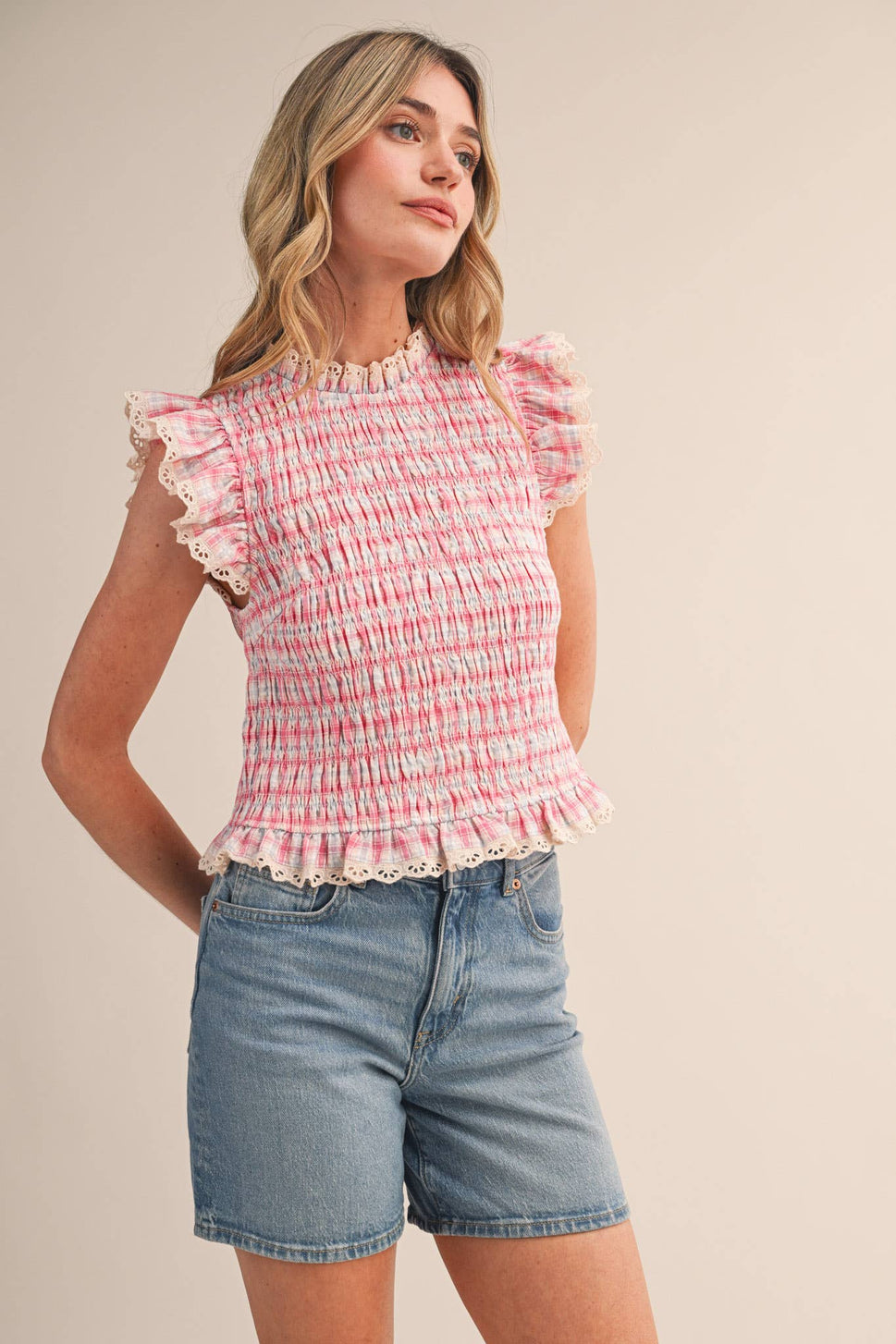 *Pink Plaid Smocked Lace Trim Top