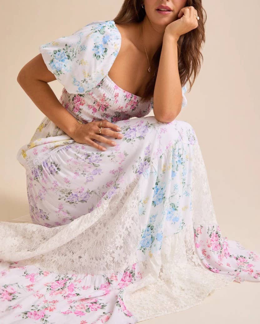 SWEET PUFF SLEVE FLORAL PRINT LACE SPLICING SWING DRESS