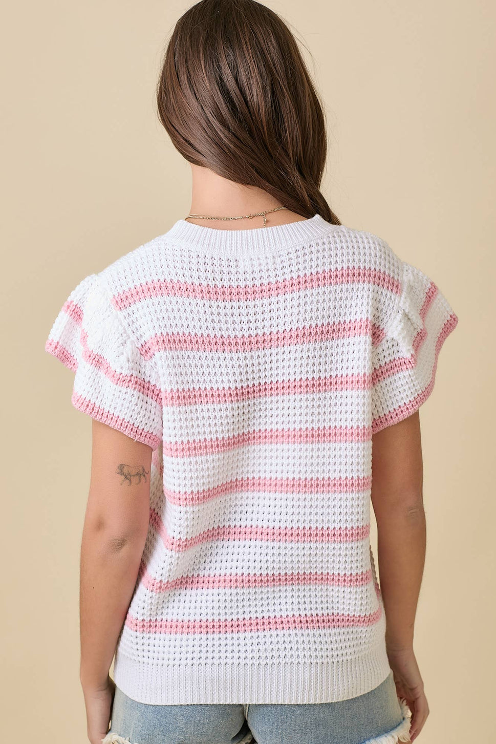 Crochet Flower Stripe Short Sleeve Knit Top Ready to Ship