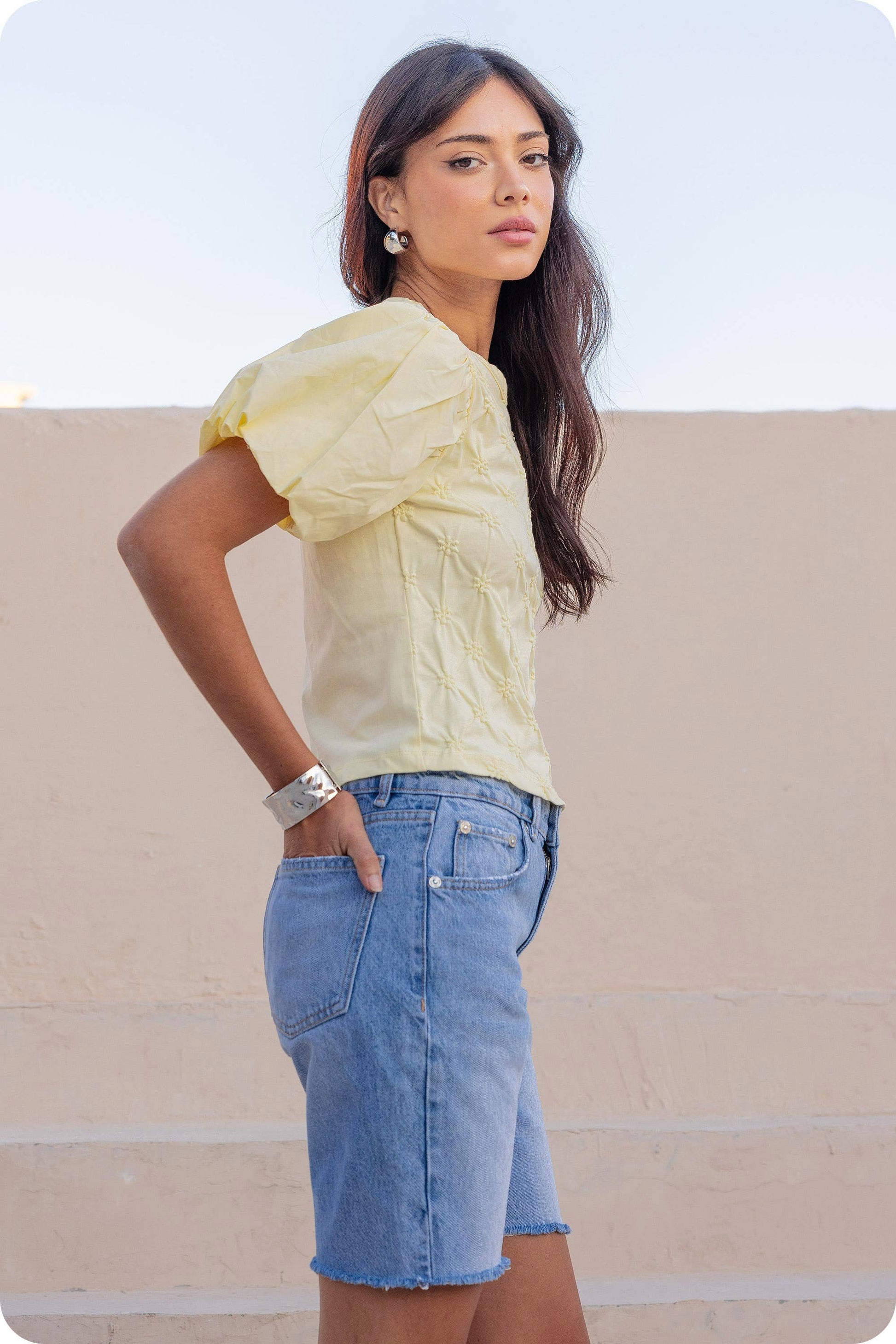 Flower Embossed Puff Sleeve Tee Top