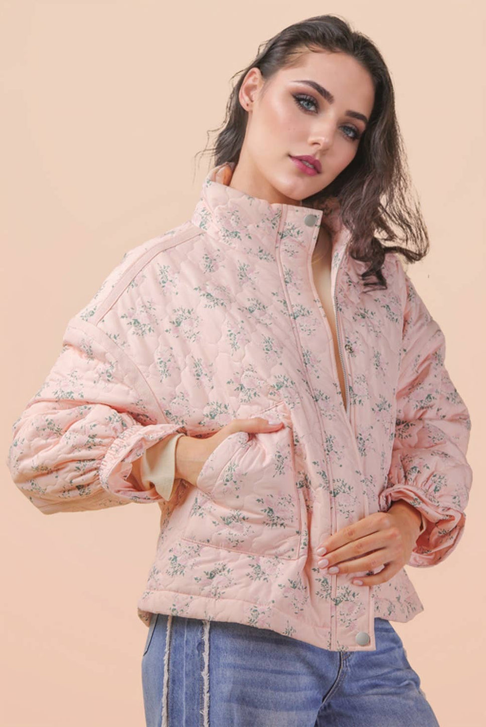 Floral Print Quilted Oversized Casual Jacket