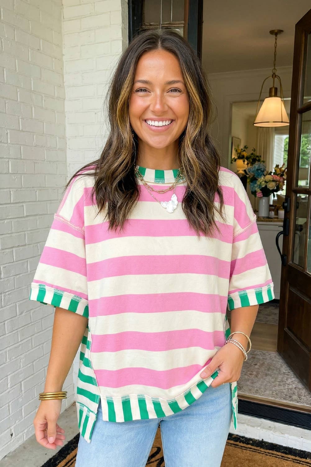 LAS Stripe Exposed Seam Patchwork Top