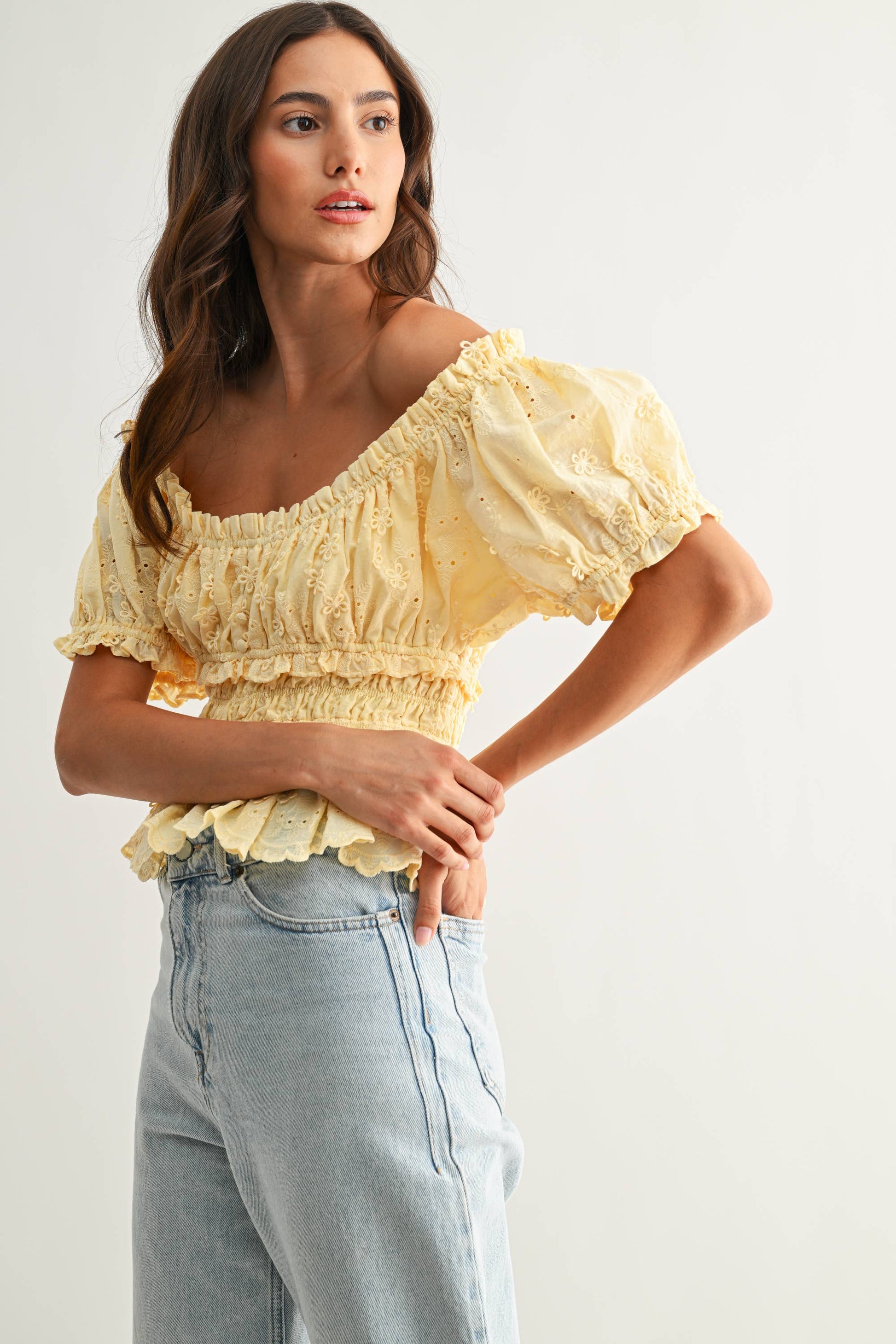 Embroidered Peplum Blouse LT Blue