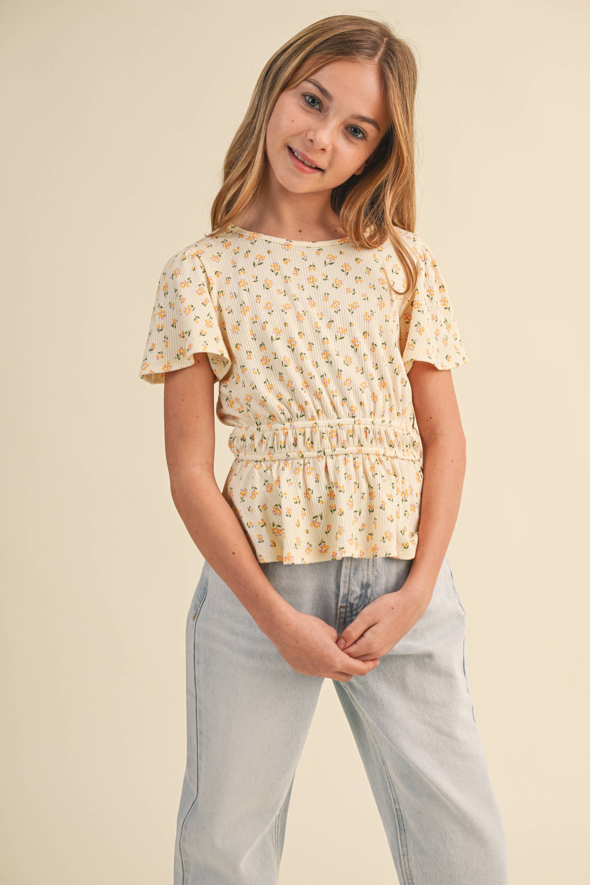 TWEEN KIDS GIRLS ROUND NECK FLUTTER SLV PEPLUM TOP