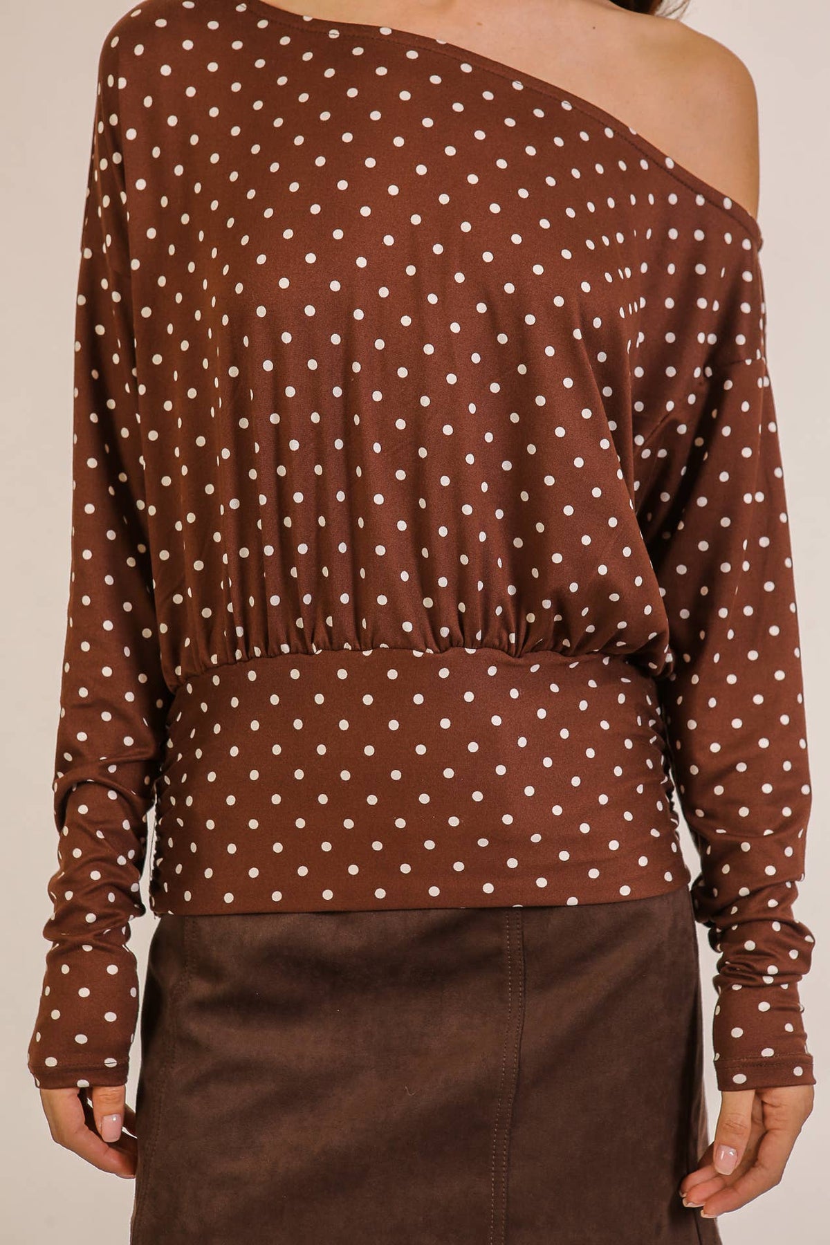 Polka Dot One-Shoulder Ruched Top