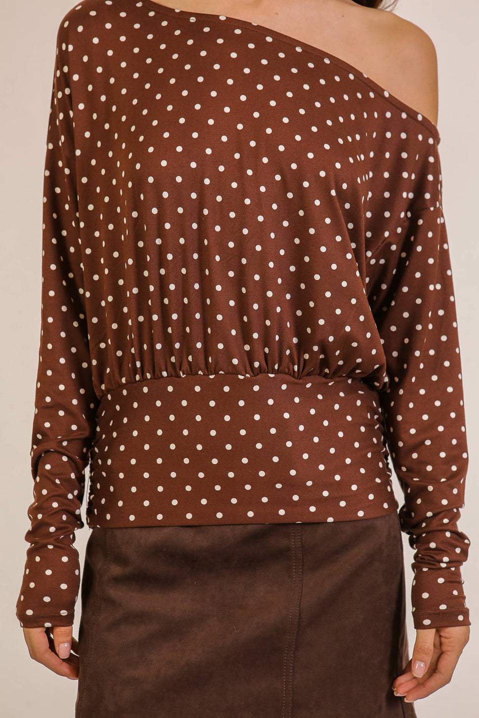Polka Dot One-Shoulder Ruched Top