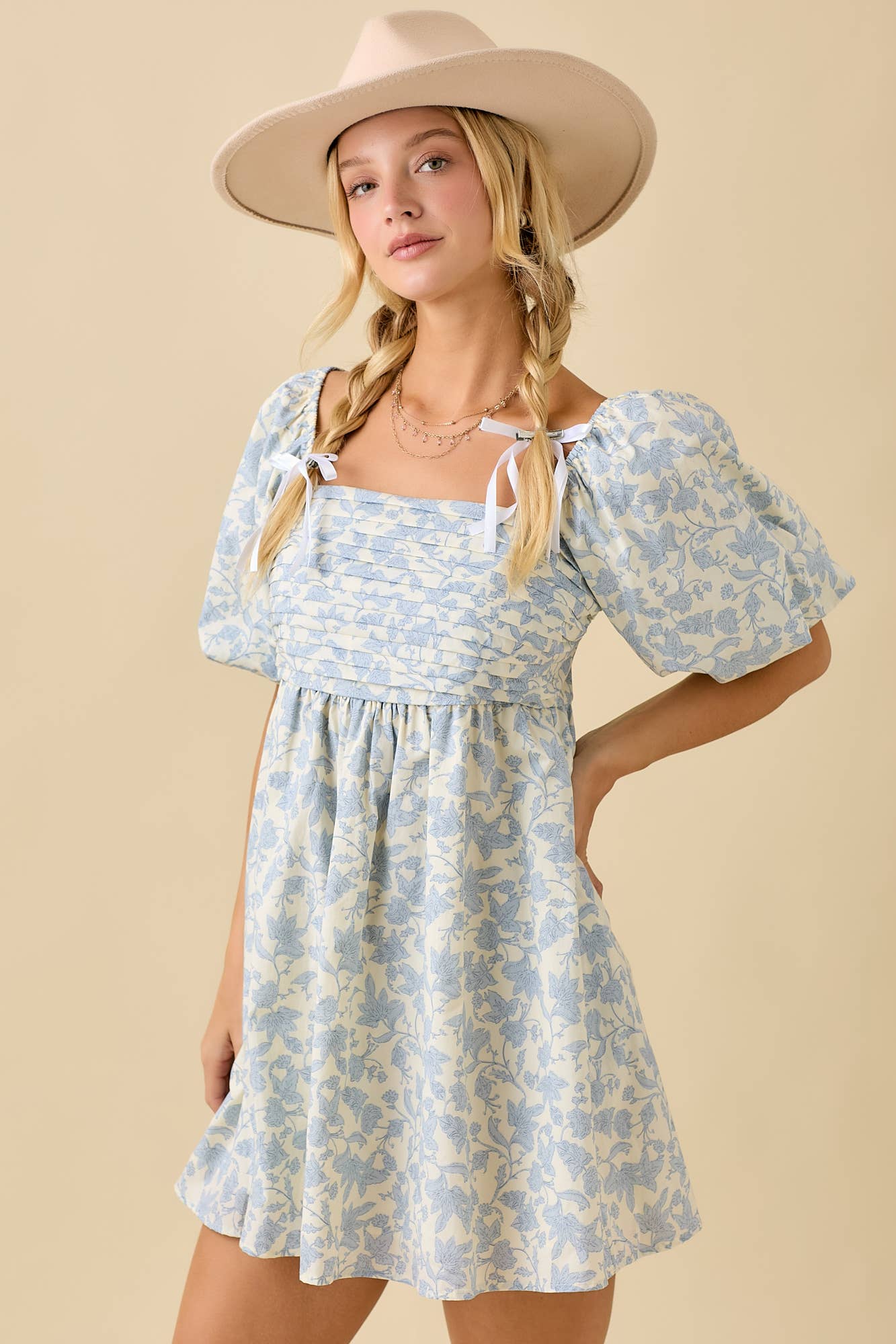 *Pleated Bubble Sleeve Mini Baby Doll Dress