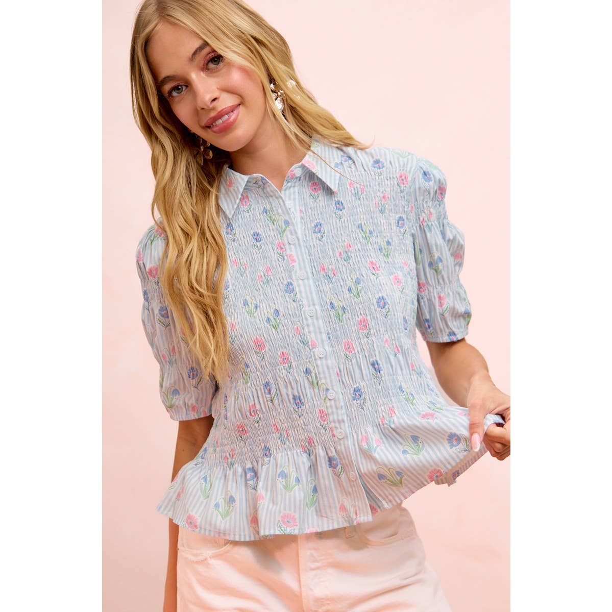 STRIPES AND FLORAL SHORT SLEEVE SHIRRED BLOUSE TOP