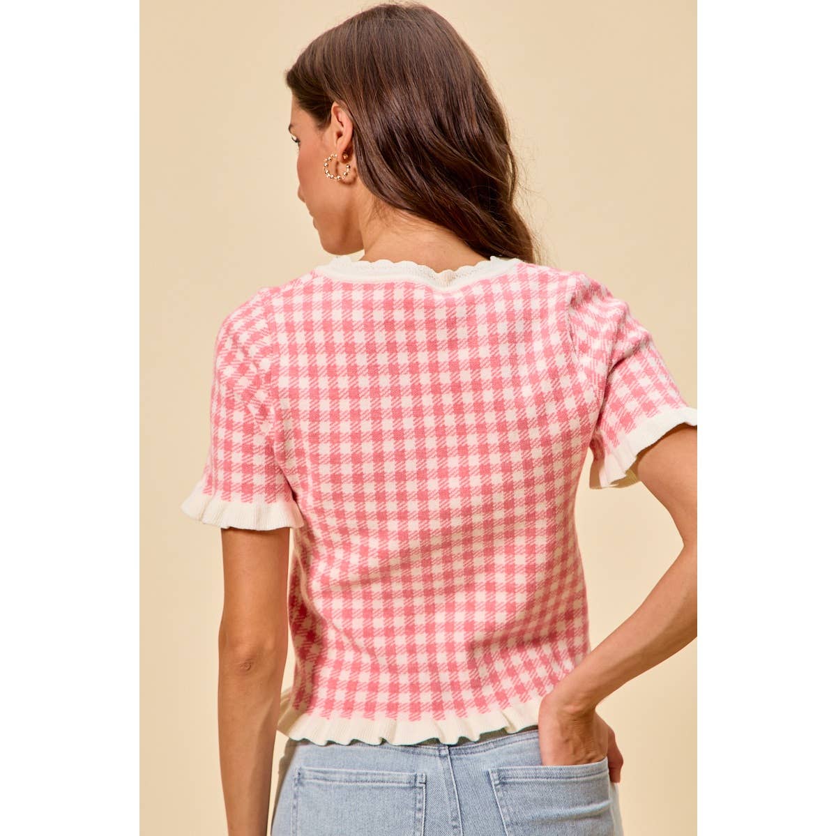 GINGHAM KNIT RUFFLED SHORT SLEEVES SWEATER TOP