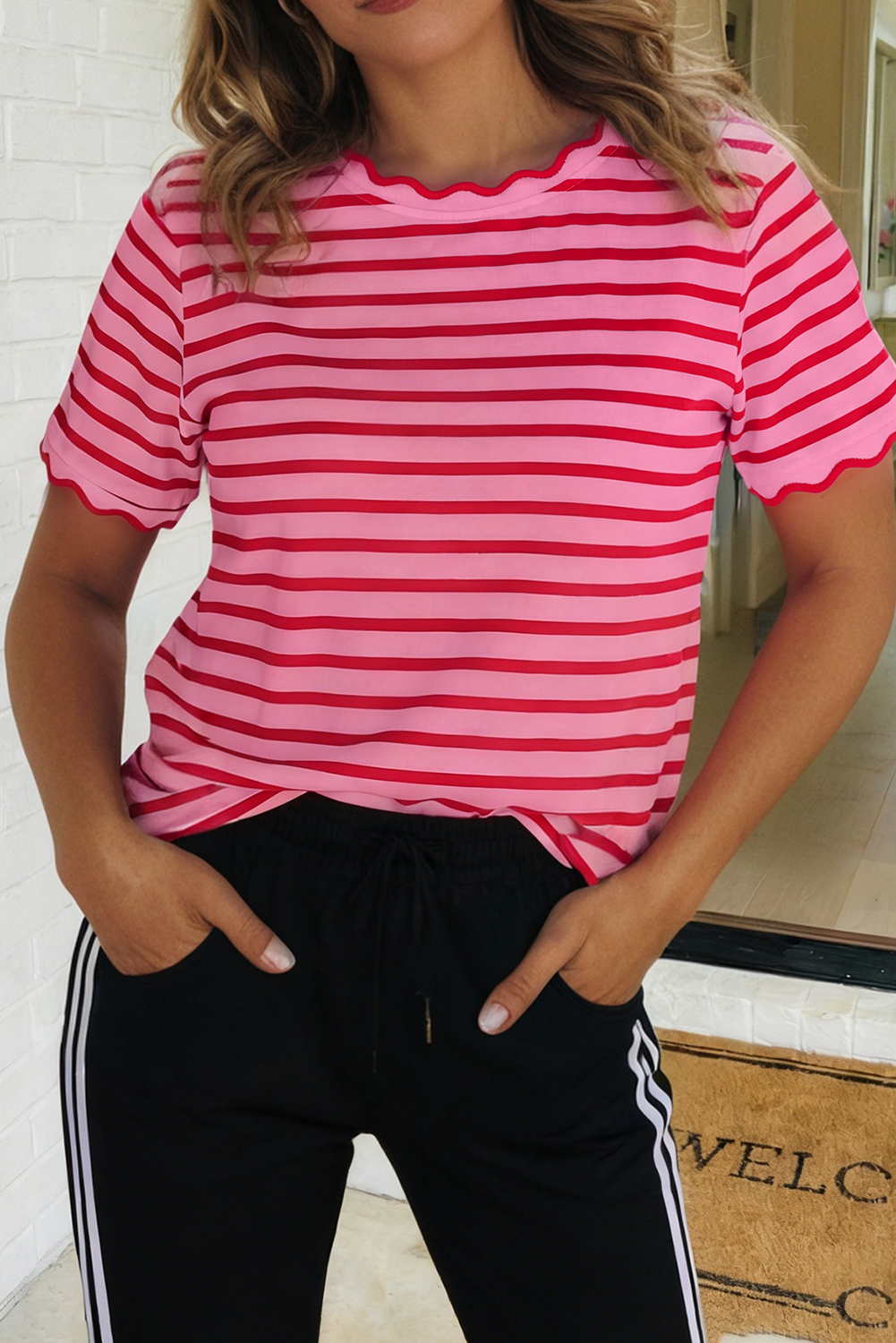LAS Stripe Scalloped Trim Round Neck T Shirt