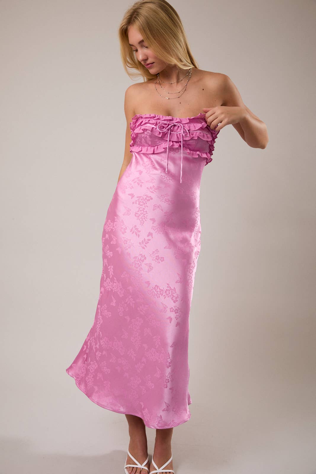 *Strapless Ruffle Detail Bias Midi Dress