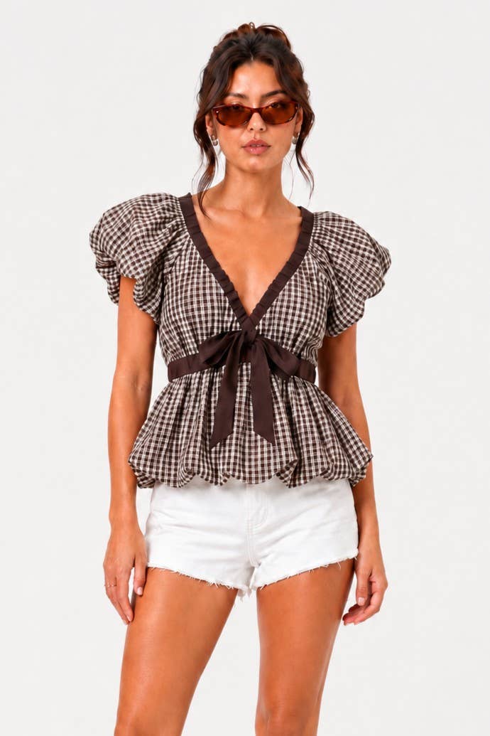Deep V Neck Bubble Hem Gingham Blouse Red