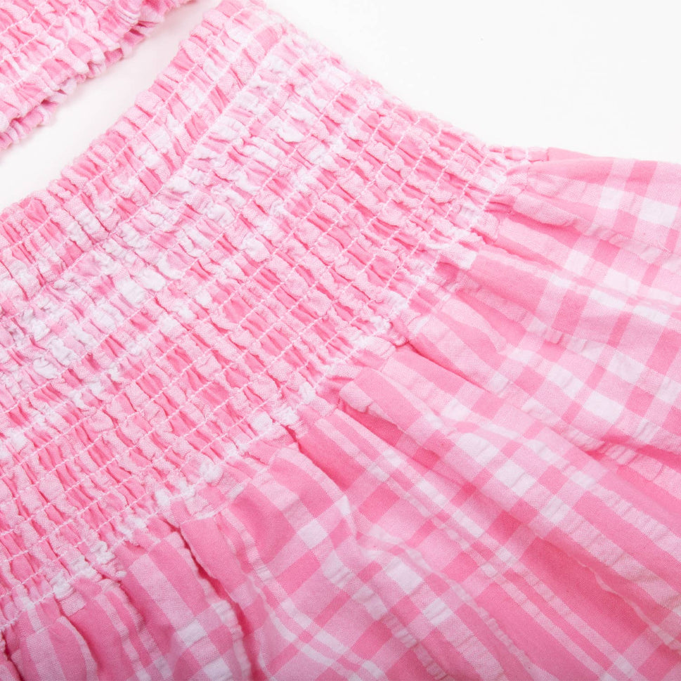 PUCKER PINK SMOCKED TIE TOP SKIRT SET