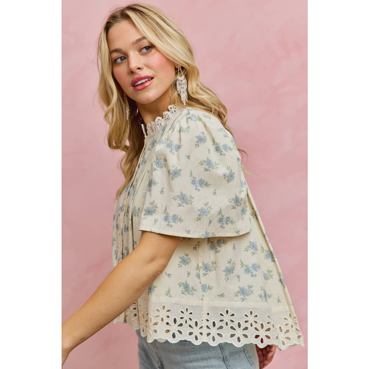 FLORAL PRINT LACE TRIM FLUTTER SLEEVES BLOUSE TOP