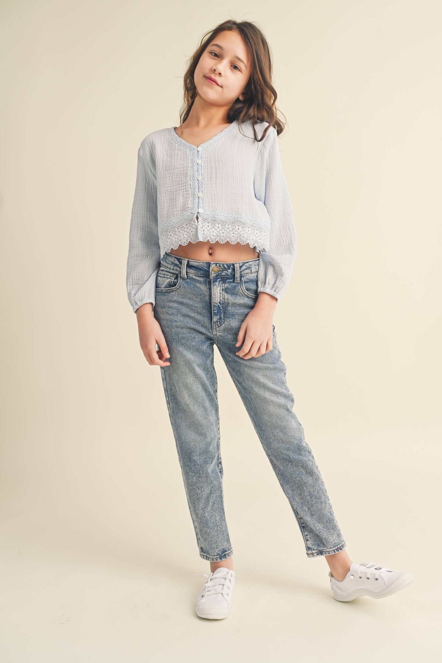 TWEEN KIDS GIRLS LONG SLEEVE BUTTON DOWN CROPPED TOP