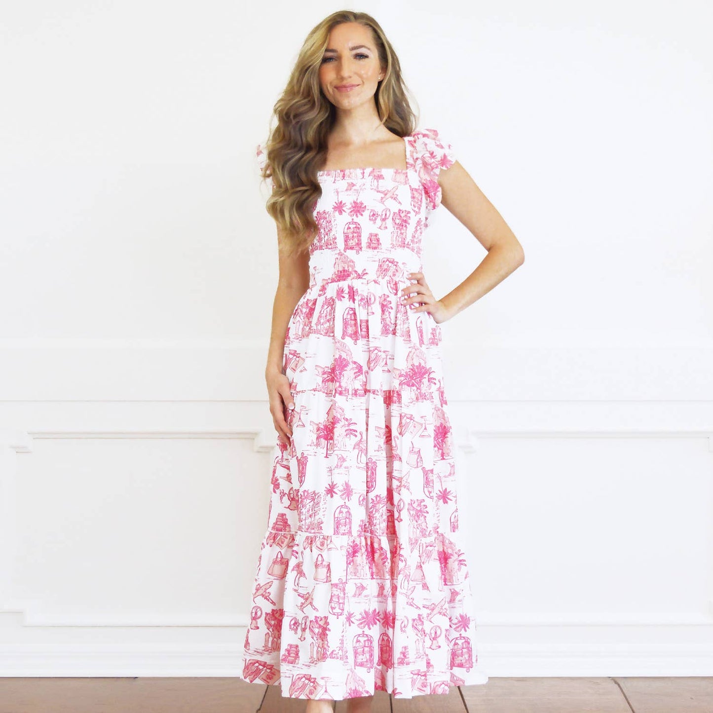 PINK TOILE SMOCKED FLUTTER SLEVE DRESS