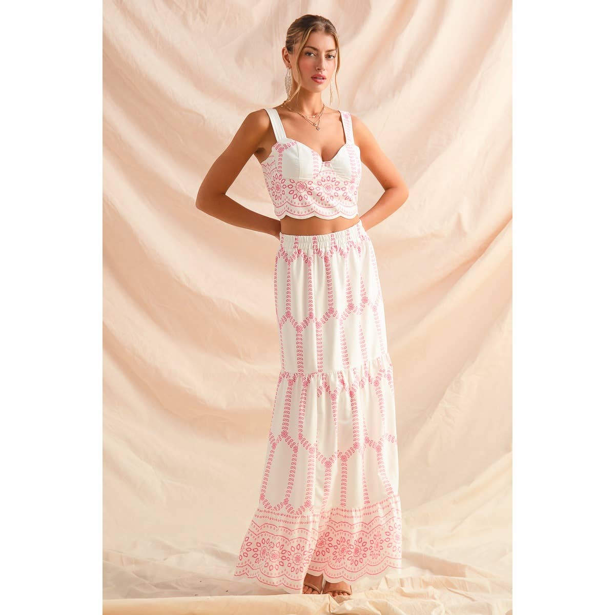 Embroidery Looking Print Woven Top & Skirt Set