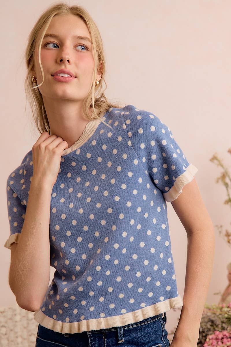 Polka Dot Ruffled Short Sleeves Sweater Knit Top