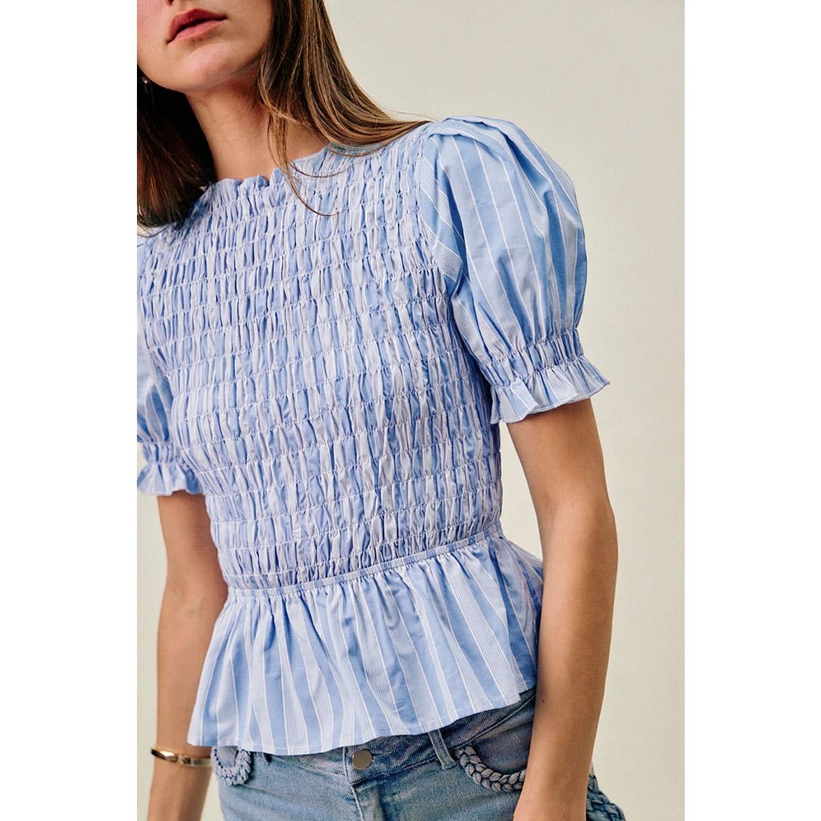 Smocked Bodice Puff Sleeves Blouse Top