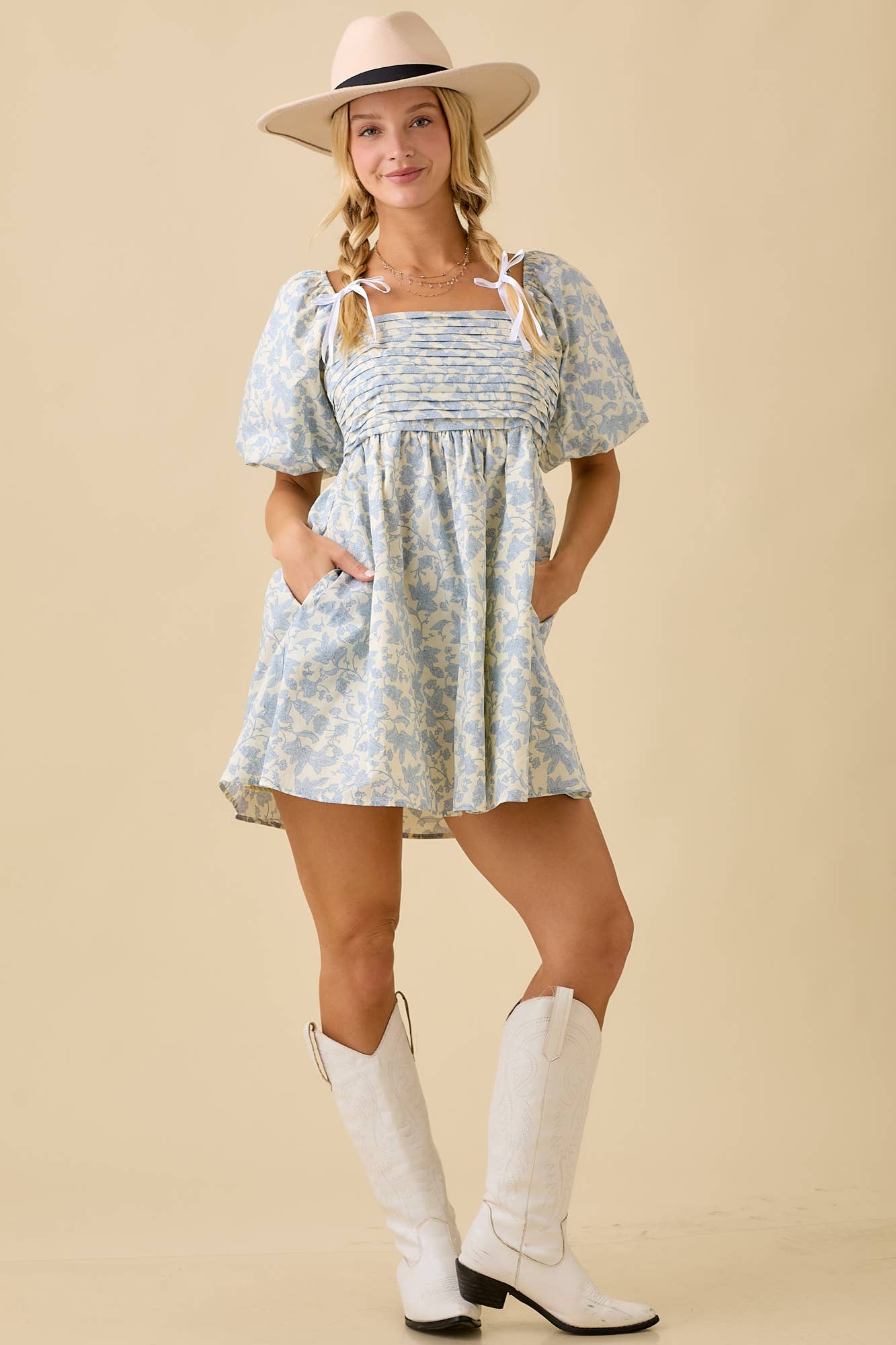 *Pleated Bubble Sleeve Mini Baby Doll Dress