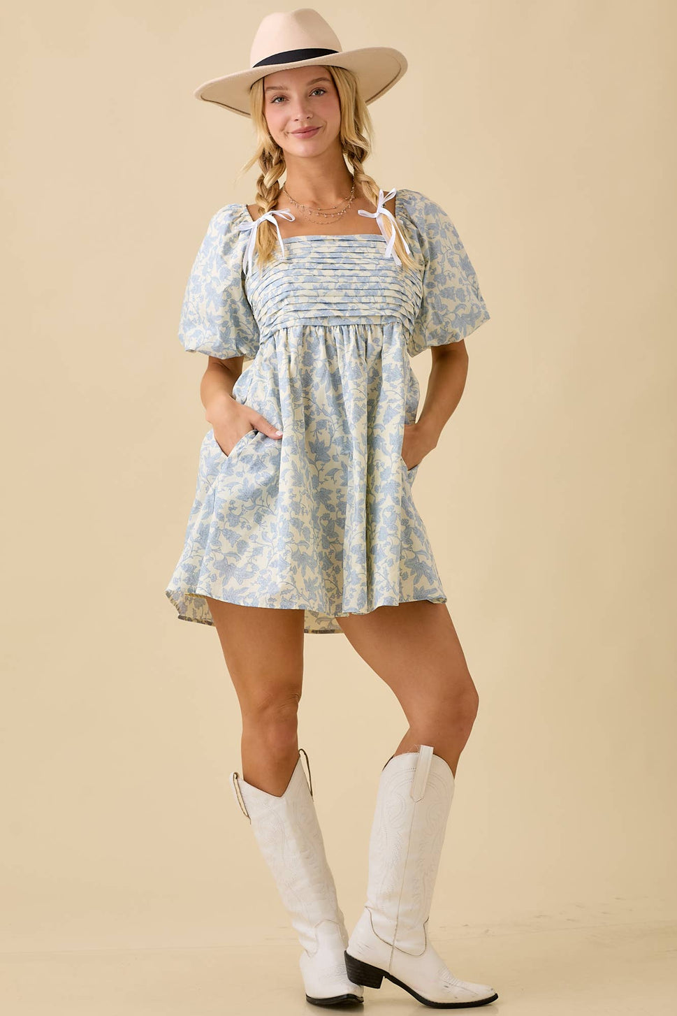 *Pleated Bubble Sleeve Mini Baby Doll Dress