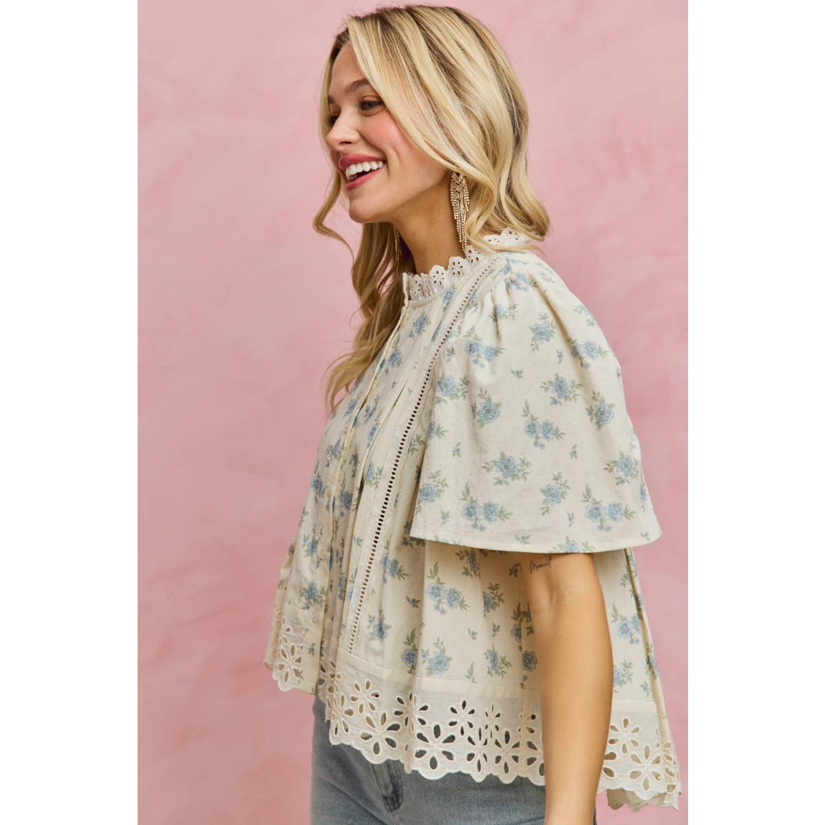 FLORAL PRINT LACE TRIM FLUTTER SLEEVES BLOUSE TOP