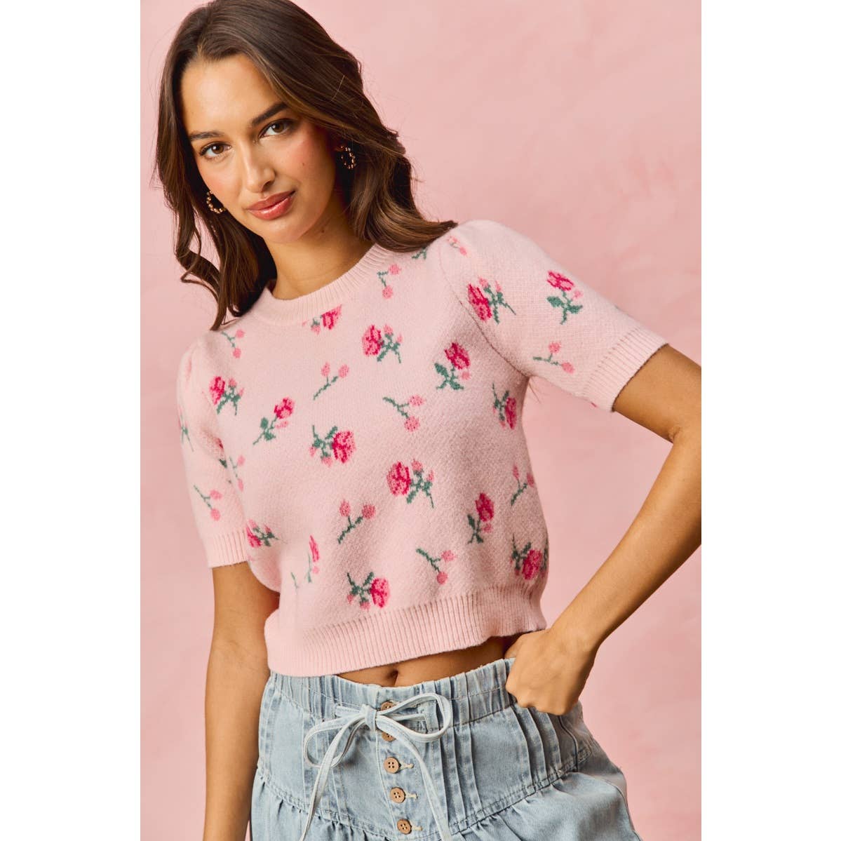 FLORAL PATTERN KNIT PUFF SLEEVES SWEATER TOP