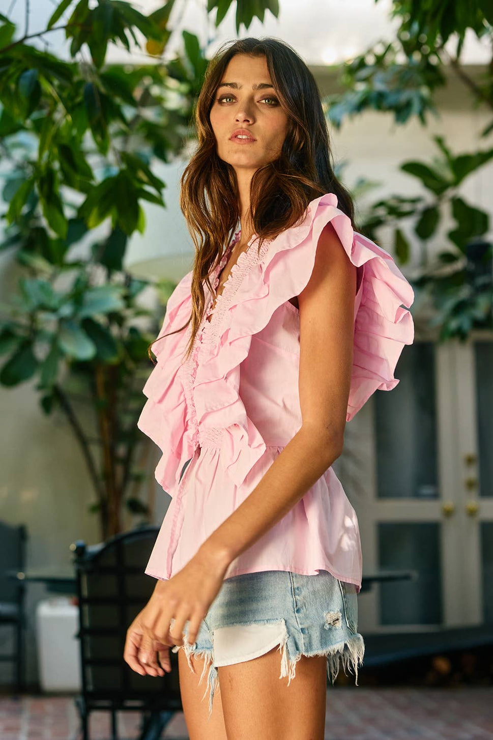 * Ruffle Smocked Peplum Blouse: Baby Blue