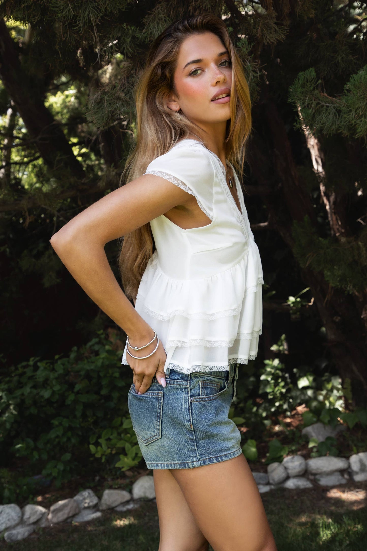 V Neck Tiered Ruffle Short Sleeve Blouse Top