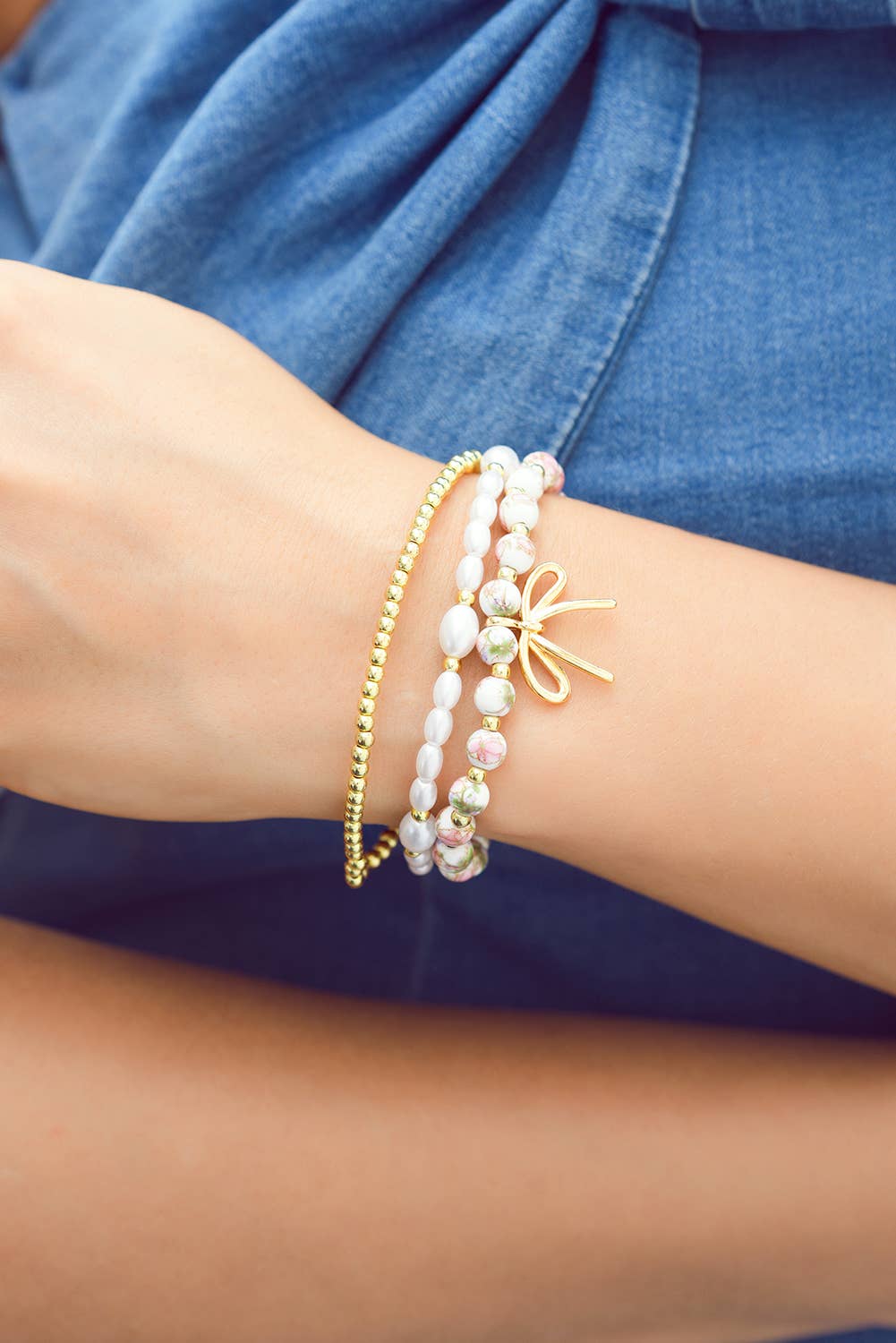 Bow Knot Charm Beaded Triple Layer Bracelet Set: Gold