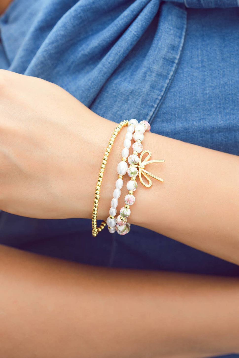 Bow Knot Charm Beaded Triple Layer Bracelet Set: Gold