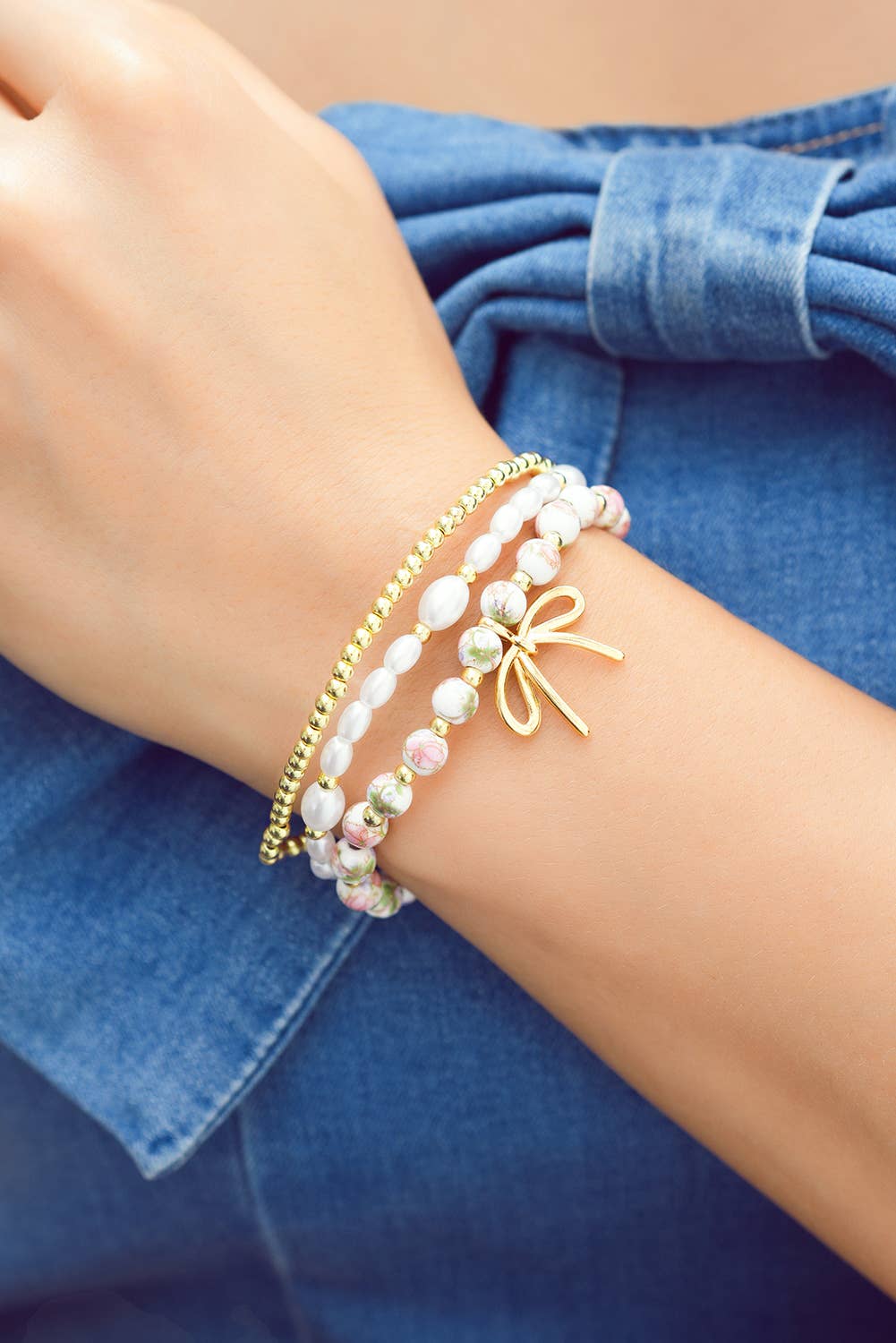 Bow Knot Charm Beaded Triple Layer Bracelet Set: Gold