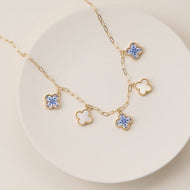 Blue Floral & Pearl Clover Charm Necklace: One / M-5SN11125
