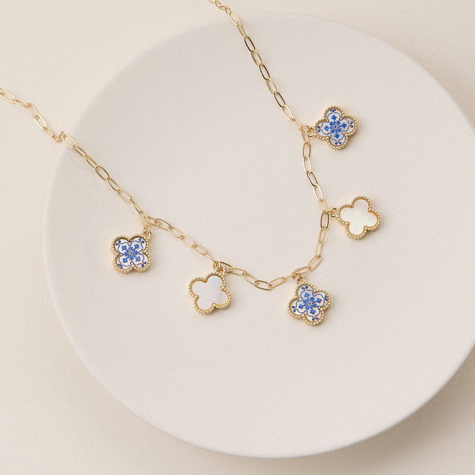 Blue Floral & Pearl Clover Charm Necklace: One / M-5SN11125