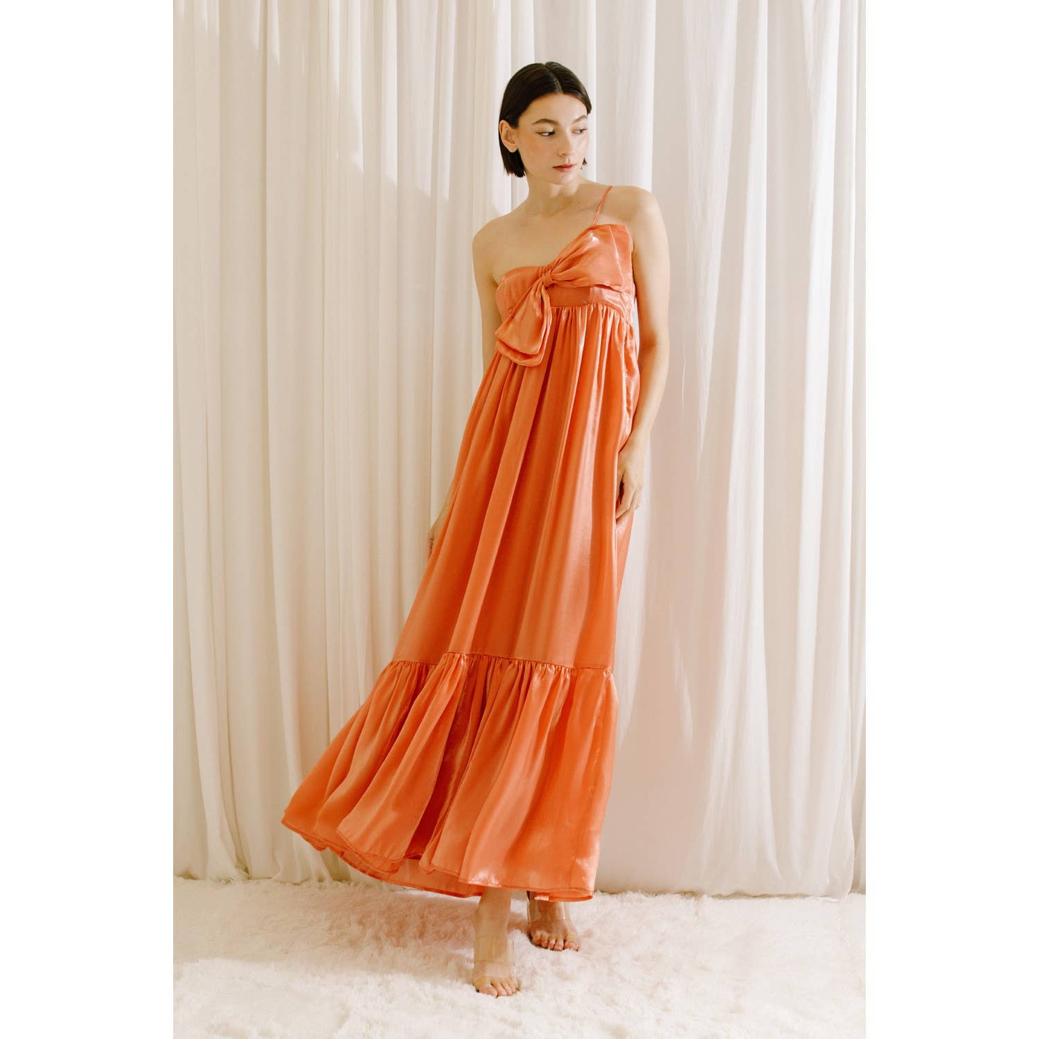 SATIN METALLIC SHEEN MAXI BOW DRESS