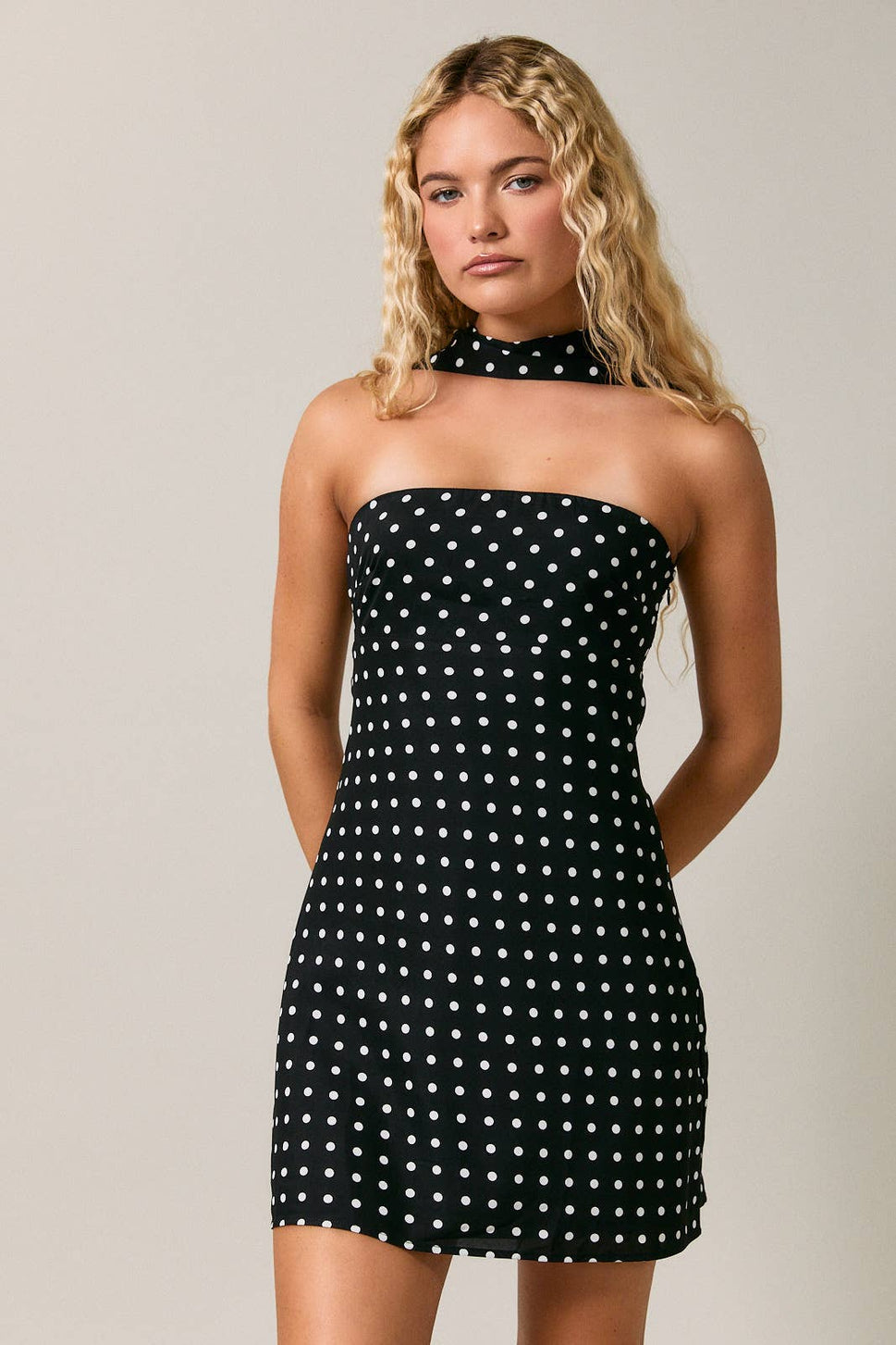 *Polka Dot Mini Dress With Attached Scarf