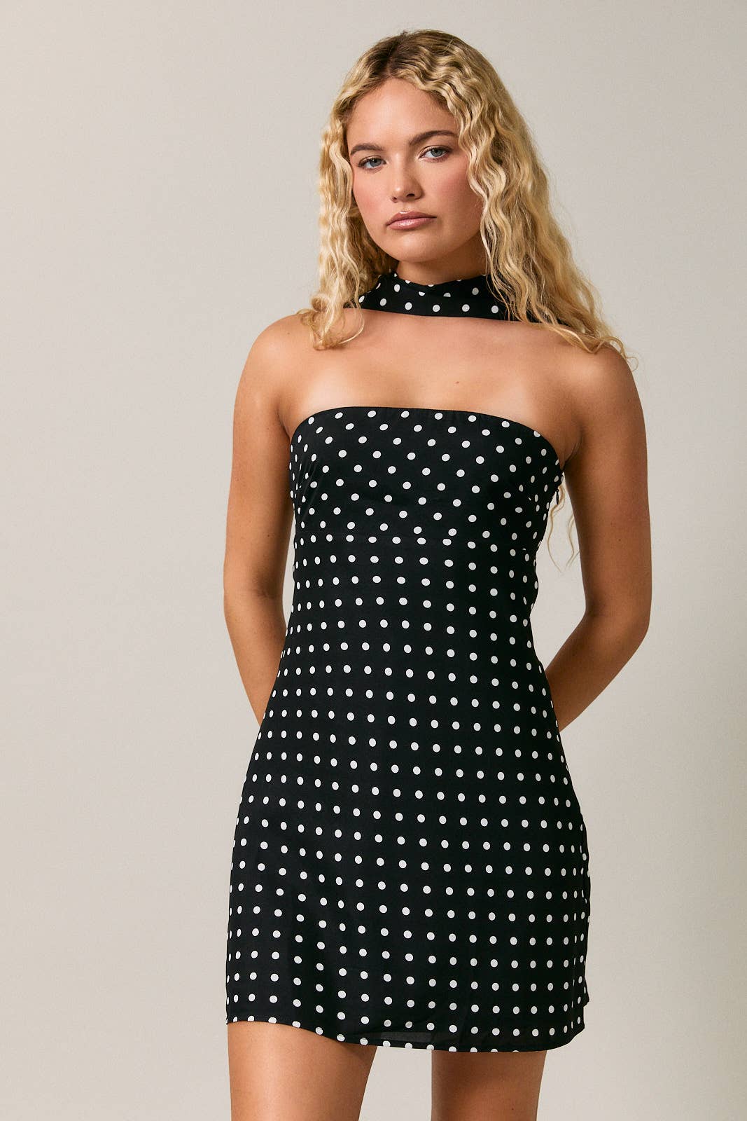 *Polka Dot Mini Dress With Attached Scarf