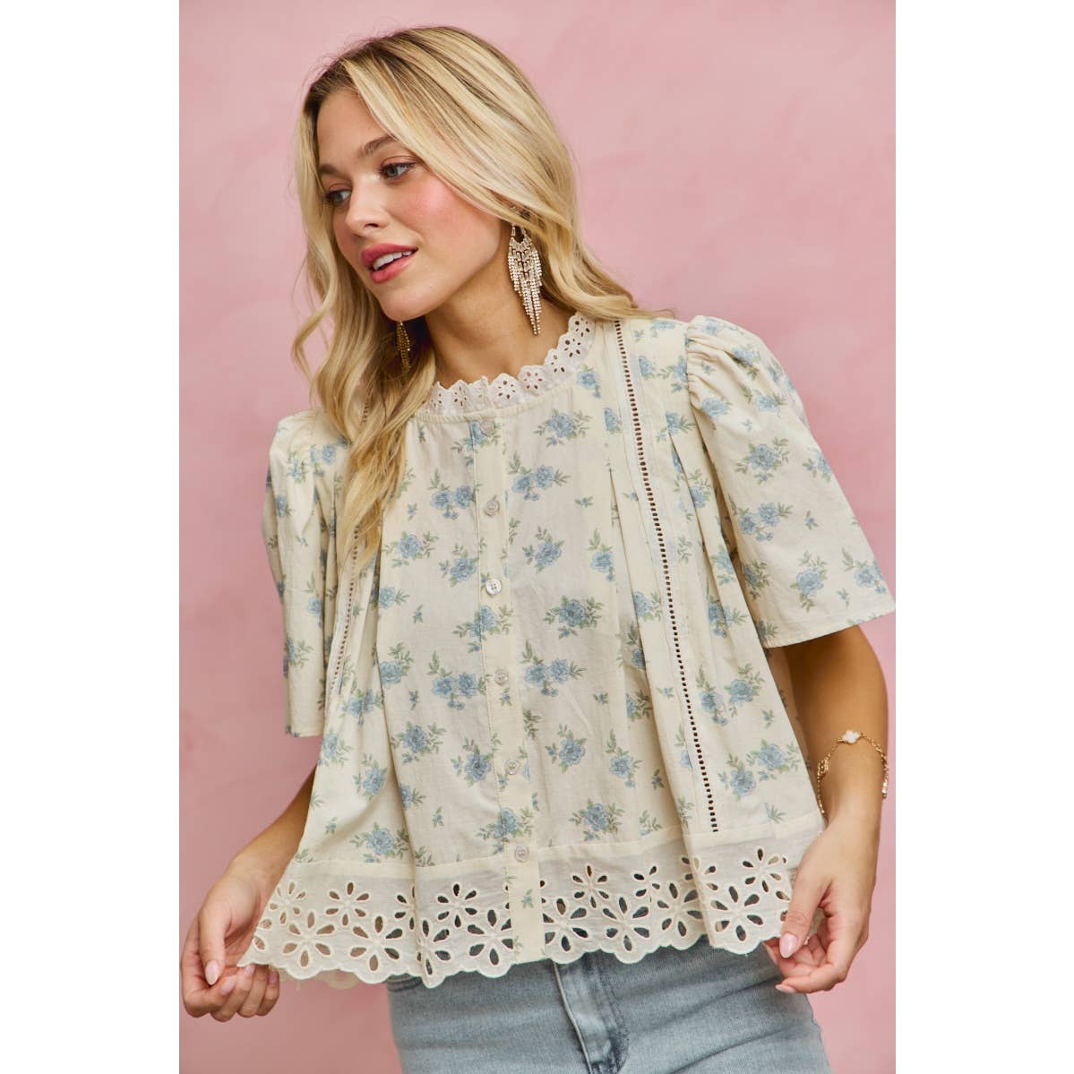 FLORAL PRINT LACE TRIM FLUTTER SLEEVES BLOUSE TOP