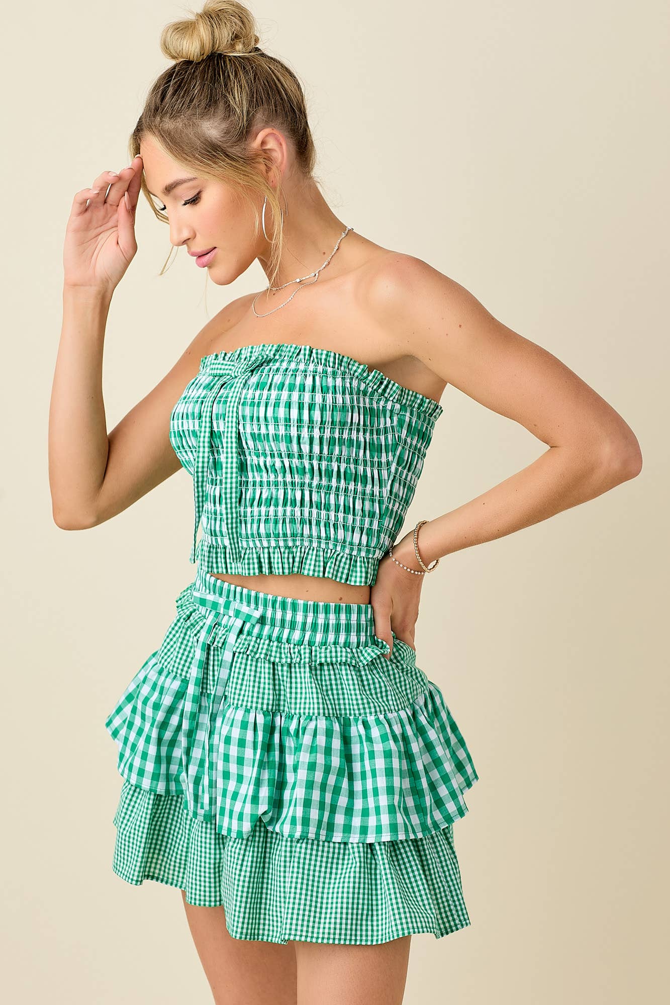 Mixed gingham tube top with ruffle short set