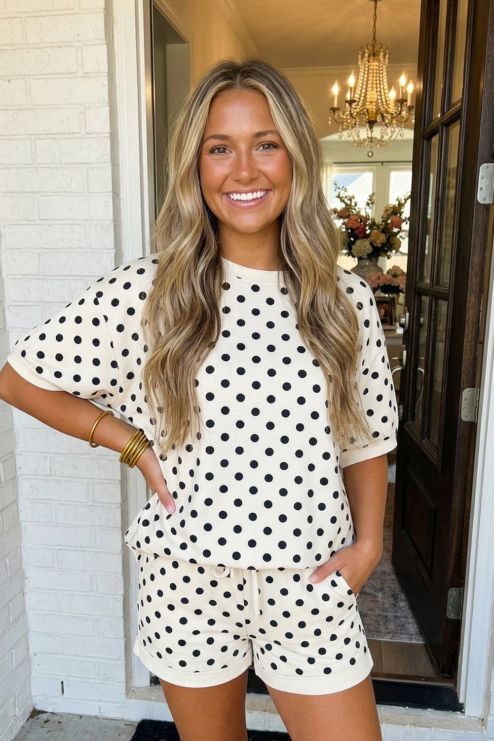 Polka Dot Print Top Drawstring Shorts Set